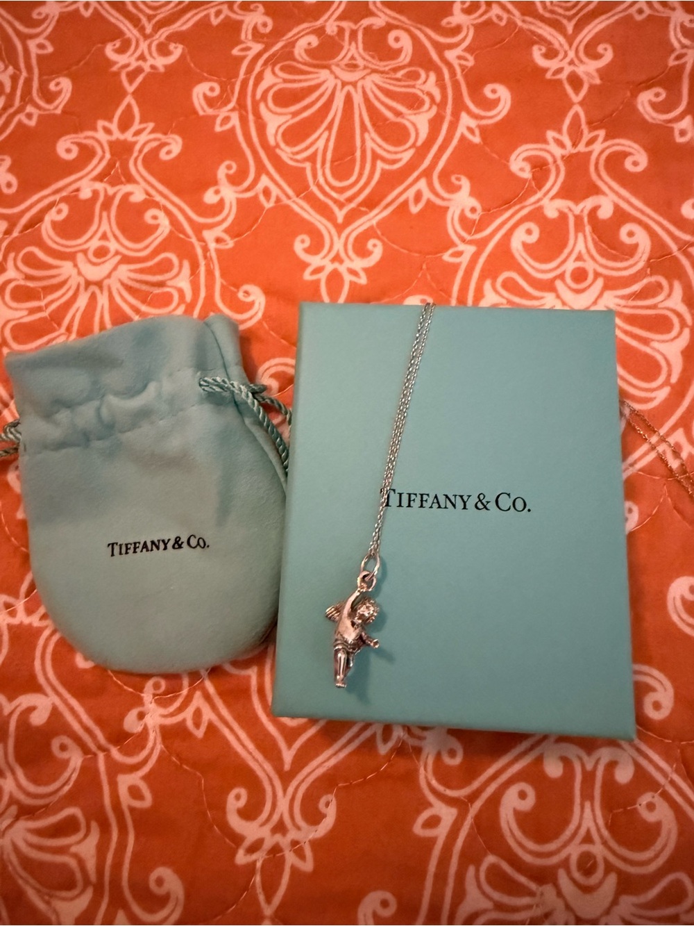 Authentic Vintage Tiffany & Co. Sterling Silver 3D Cherub Angel Pendant Necklace